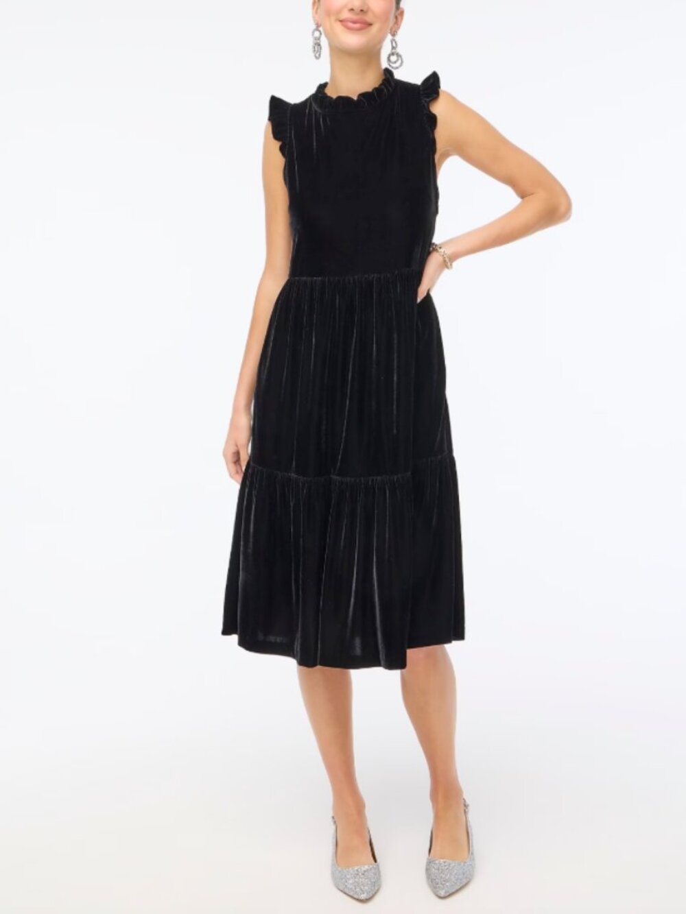 J.Crew Black Velvet Sleeveless Ruffle Tiered Midi Dress Whimsigoth Party Sz 10